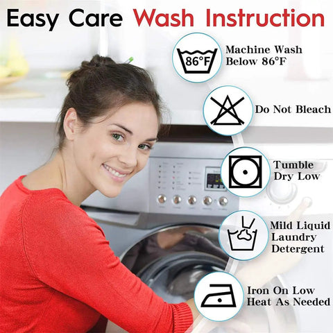 Woman smiling near washing machine with care symbols: machine wash below 86°F, do not bleach, tumble dry low, iron low, mild detergent.