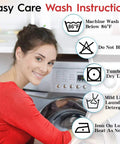 Woman doing laundry next to washing machine with care instructions: machine wash below 86°F, do not bleach, tumble dry low.