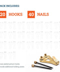 Heavy Duty Picture Hangers With Nails, 50 Lb Wall Hooks For Drywall And Plaster, Pack Of 20 with brass hooks and nails.
