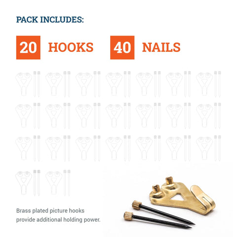 Heavy Duty Picture Hangers With Nails, 50 Lb Wall Hooks For Drywall And Plaster, Pack Of 20 with brass hooks and nails.