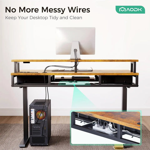Electric Standing Desk With Drawers And Keyboard Tray, 55 Inch Height Adjustable Gaming Desk With Power Outlets And LED Lighting