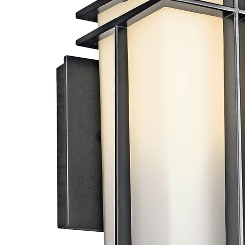 Outdoor Wall Light 1 Light Exterior Wall Sconce With A Slick Black Finish And Satin Etched Opal Glass for porch and walkway lighting.
