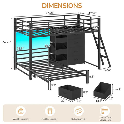Dimensions of Twin Over Twin Bunk Bed With Four Storage Drawers Three Toy Bins And LED Lights, Metal Frame With Full Length Guardrail And Inclined Ladder.