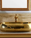 Heavy Duty Ceramic Vessel Sink For Modern Bathrooms With Included Faucet Dope Gold Oval Basin with slick finish and faucet.
