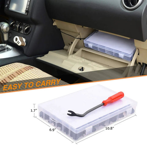 190 Piece Car Retainer Clips And Fastener Remover Kit in compact storage case, shown stored in a car glove compartment.