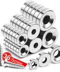 36 Piece Heavy Duty Neodymium Magnet Set With Holes In Three Sizes, Screws Included, displayed in stacked arrangement