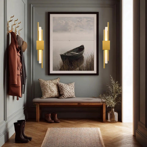 NICRX 2 Pieces Modern Gold LED Wall Sconce, Geometric Metal and Acrylic Vertical Wall Lamp, Minimalist LED Light for Bedroom, Living Room, Hallway – 8 W, 48 cm, 3 Light Tones (2pcs-L&D) in stylish entryway.