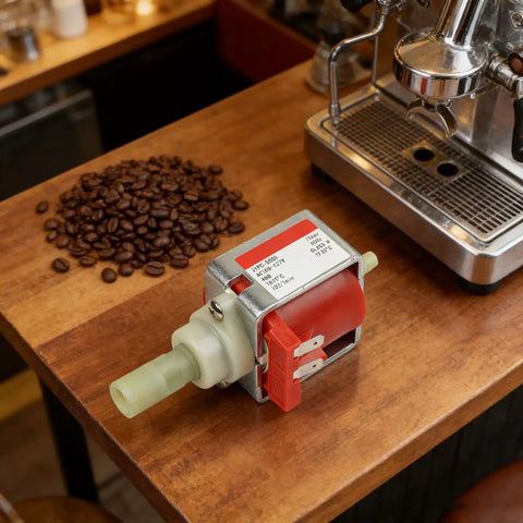 Dope Espresso Machine Solenoid Valve Water Transfer Unit For 110V Coffee Makers, 700 CC Per Min Flow, Hot Water Dispenser Accessory, Durable Metal Housing, Heat Ready Design, Fits Most Home Espresso Systems, shown with espresso machine