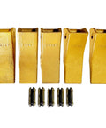 Five Pack 230SP Backhoe Bucket Teeth With TF23P Flex Pins For 23 And 230 Series Skid Steer Loaders And Excavators Heavy Duty Alloy Steel Replacement Kit For Long Lasting Performance. Yellow teeth with pins layout