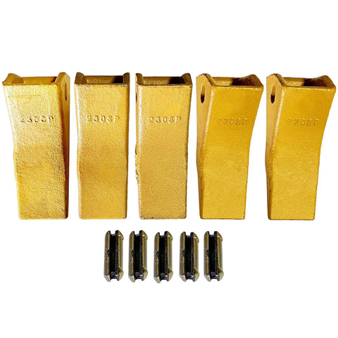 Five Pack 230SP Backhoe Bucket Teeth With TF23P Flex Pins For 23 And 230 Series Skid Steer Loaders And Excavators Heavy Duty Alloy Steel Replacement Kit For Long Lasting Performance. Yellow teeth with pins layout