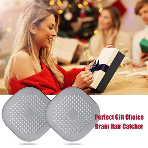 Square Silver Grey Hair Drain Catcher With Strong Suction Cup, Easy Peasy Shower Sink Filter That Kicks Clogs To The Curb displayed with gift idea.