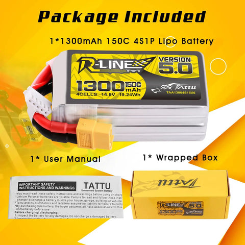 R-Line Version 5.0 4S LiPo Battery 14.8V 150C 1300mAh Pack With XT60 Plug, user manual, wrapped box included