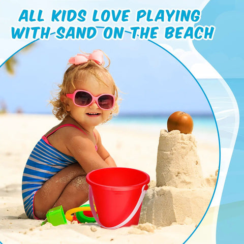 Child playing with 24 Piece Neon Beach Bucket Set For Kids With 5 Inch Buckets, Sand Pails, and Sandcastle Molds at the beach.