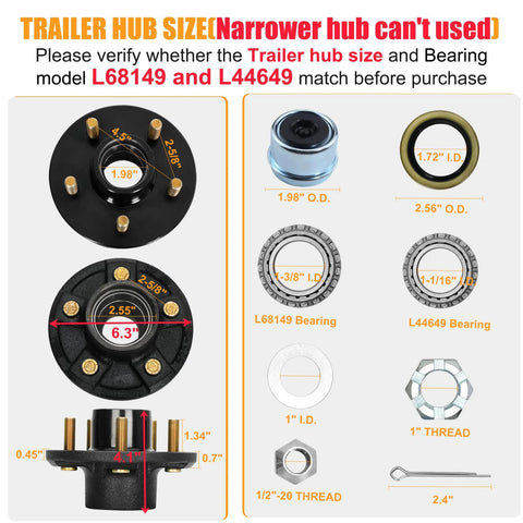 Trailer hub kit, 5-bolt, 4.5 in, for tapered spindle 1-1/16 to 1-3/8 in; includes L68149 and L44649 bearings