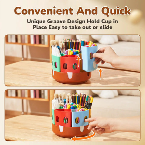 User interacting with Rotating Art Supply Storage Organizer With 360 Degree Spin Base Kid Friendly Craft Caddy For Classrooms And Desks