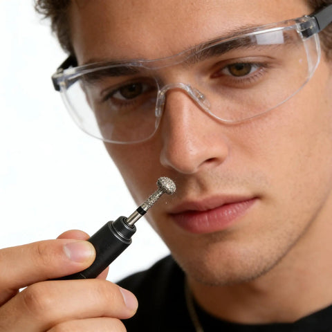 Person holding Pro Grade Diamond Coated Rotary Burr Set with 1.6mm shank bit, wearing safety glasses