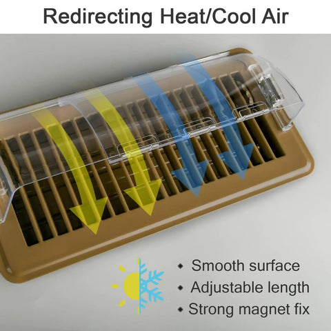 Adjustable Magnetic Vent Deflectors redirecting airflow on floor vent with arrows indicating heat and cool air, smooth surface seen