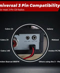 Close-up of CB radio labeled with universal 3-pin compatibility text, highlighting various compatible radio brands.