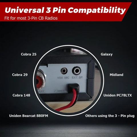 Close-up of CB radio labeled with universal 3-pin compatibility text, highlighting various compatible radio brands.