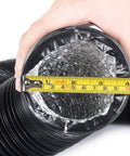 Close-up of 4 Inch Flexible Duct Hose, 12 Foot Black Vent Tube With 4-Layer Aluminum Construction And 2 Clamps, diameter measured