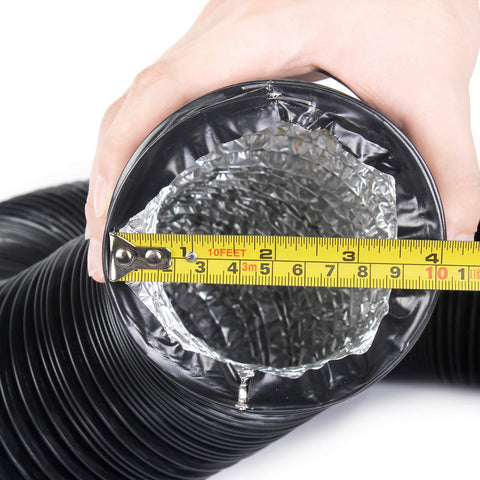 Close-up of 4 Inch Flexible Duct Hose, 12 Foot Black Vent Tube With 4-Layer Aluminum Construction And 2 Clamps, diameter measured