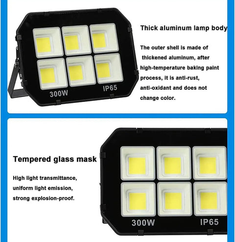 Built Damn Tough Heavy Duty LED Flood Light With Rock Solid Aluminum Body and Ultra Bright 6000K Cool White Glow Pumps Out Massive 600W Power and a Sweeping 140 Degree Spread. Thick aluminum lamp body and tempered glass.