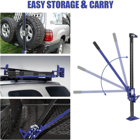 48 Inch Ratcheting Off Road Utility Jack With 7000 Lb Capacity, Blue, shown mounted and extended on vehicle, easy storage