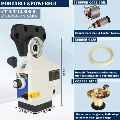 X Axis Power Feed For Milling Machine With 5/8 Inch Shaft And 90 Watt Motor Super Smooth Zero To Two Hundred Rpm Range side view showing dimensions and features.
