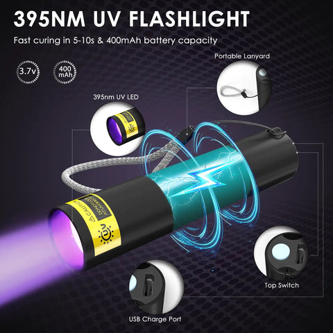 395nm UV flashlight from All-In-One UV Resin Kit With Rechargeable 395Nm Light, USB charge port, portable lanyard, top switch.