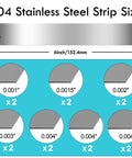 14 Piece 304 Stainless Steel Shim Stock Set With 1 Inch By 6 Inch Strips In Seven Thicknesses From 0.001 To 0.006 Inches Two Pieces Per Thickness Go To Kit For Precise Gap Shimming chart showing sizes and thicknesses.