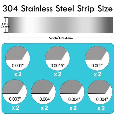 14 Piece 304 Stainless Steel Shim Stock Set With 1 Inch By 6 Inch Strips In Seven Thicknesses From 0.001 To 0.006 Inches Two Pieces Per Thickness Go To Kit For Precise Gap Shimming chart showing sizes and thicknesses.