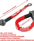 Recovery Ring And Soft Shackle Set For Off Road Recovery 35,000 Lbs Strength Snatch Ring 45,000 Lbs 2 Pieces 7/16 By 20 Inch Heavy Duty Tow Gear For Full Size Trucks And Large SUVs UHMWPE Rope And 7075 Aluminum showing 20 inch red soft shackle with specifications
