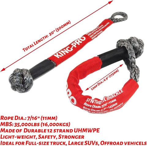 Recovery Ring And Soft Shackle Set For Off Road Recovery 35,000 Lbs Strength Snatch Ring 45,000 Lbs 2 Pieces 7/16 By 20 Inch Heavy Duty Tow Gear For Full Size Trucks And Large SUVs UHMWPE Rope And 7075 Aluminum showing 20 inch red soft shackle with specifications