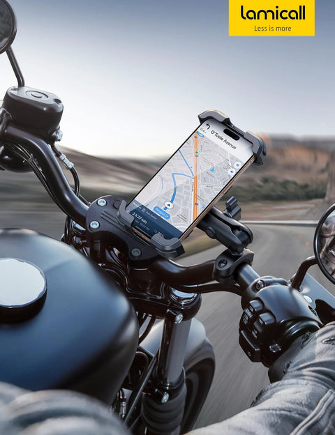 Rugged Motorcycle Phone Mount with Dual Vibration Dampener and Metal Adjustment Arm on handlebars holding a smartphone.