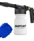 Foam Gun With Microfiber Wash Mitt Car Wash Kit for garden hose, includes foam cannon sprayer and blue microfiber mitt.
