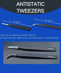 Two antistatic tweezers labeled ESD-10 and ESD-15 with black handles and straight/curved tips for 3D printer work