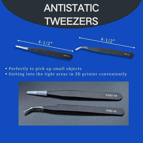 Two antistatic tweezers labeled ESD-10 and ESD-15 with black handles and straight/curved tips for 3D printer work