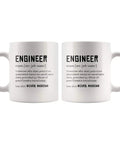 Engineer Definition Funny Gift Mug For Engineering Students Teachers And Pros Nerdy Computer Civil Mechanical Electrical Software Engineers 11 Oz White Ceramic Coffee Mug with printed text on both sides.