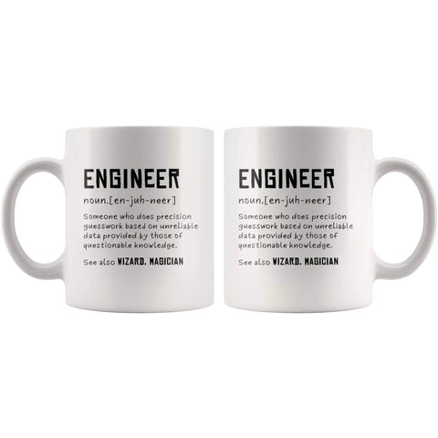 Engineer Definition Funny Gift Mug For Engineering Students Teachers And Pros Nerdy Computer Civil Mechanical Electrical Software Engineers 11 Oz White Ceramic Coffee Mug with printed text on both sides.