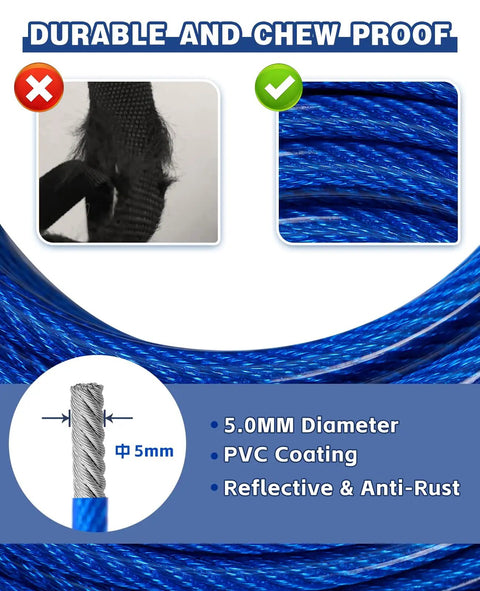 Built Tough 50 Ft Dog Aerial Zipline With Double Shock Absorption showing 5mm steel cable, PVC coating, anti-rust, chew proof