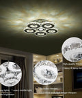 Crystal Flush Mount Ceiling Light With Remote Control, Dimmable LED Chandelier With 5 Ring Design in living room, chrome finish.