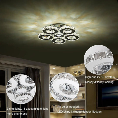 Crystal Flush Mount Ceiling Light With Remote Control, Dimmable LED Chandelier With 5 Ring Design in living room, chrome finish.