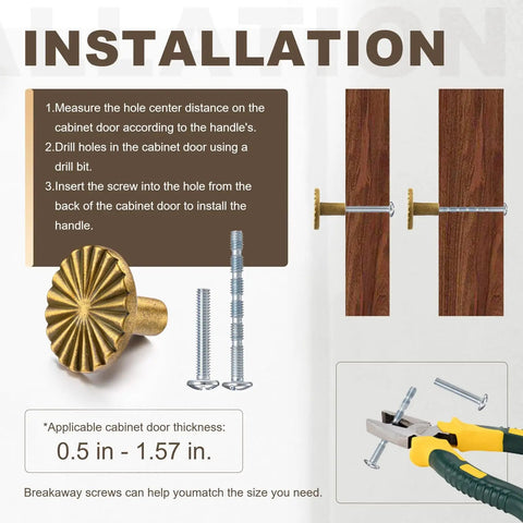 Diagram showing installation of Antique Brass Cabinet Knobs Set, 20 Pack Vintage Drawer Pulls For Dresser with screws.