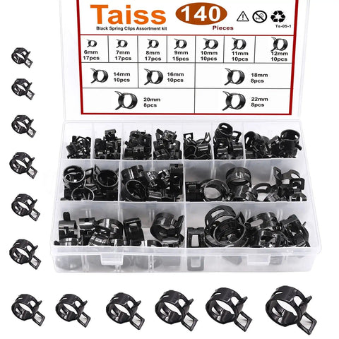 140 Piece Spring Band Hose Clamp Kit 12 Sizes From 6 To 22 Millimeters Black Finish Low Pressure Clamps For Air Hoses Fuel Lines Silicone And Vacuum Hoses Fits Cars Bikes Boats Lawn Mowers And More