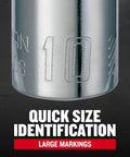 Shallow Socket 10mm Metric One Quarter Inch Drive 6 Point Chrome Plated Built Tough For Corrosion Resistance With Large Markings