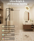 Bathroom with ultra-bright LED ceiling fan light, highlighting 2200 lumen brightness, energy saving features, and modern fixtures.