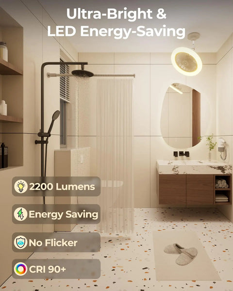 Bathroom with ultra-bright LED ceiling fan light, highlighting 2200 lumen brightness, energy saving features, and modern fixtures.