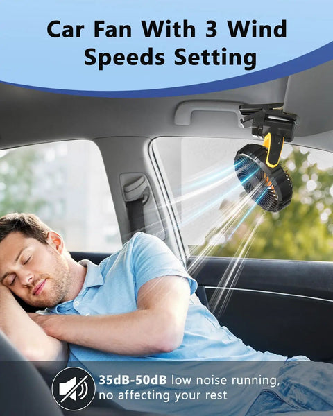 Battery Powered Clip On Car Fan For Visor And Back Seat, Portable USB Rechargeable, shown clipped above sleeping passenger