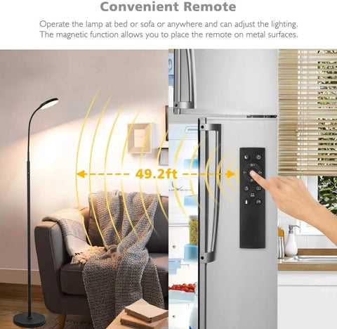 Modern Black LED Floor Lamp That Shines Brighter For Cozy Living Room Ambiance shown in living room beside couch