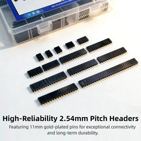 190Pcs 2.54Mm Single Row Straight Female Pin Headers Assortment Kit layout on table